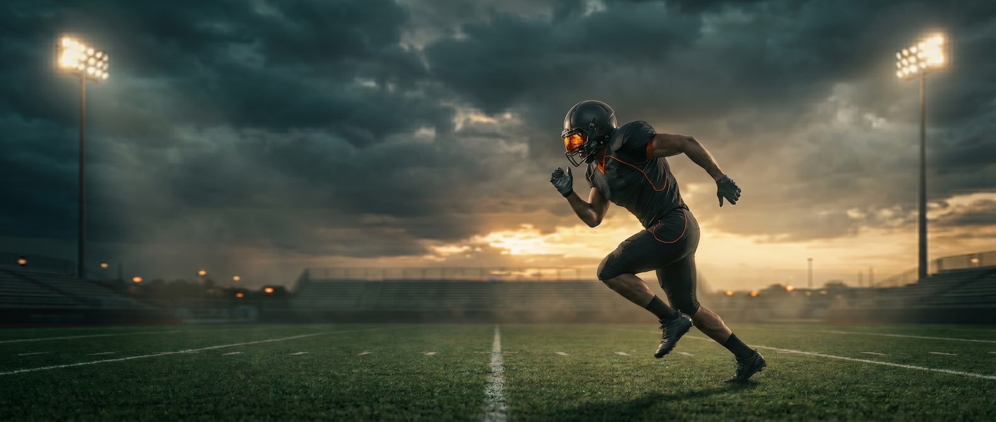 Football player in an explosive stance on the field at dusk under stadium lights